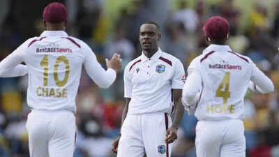 Jayden Seales gesturing during the West Indies vs Australia Test