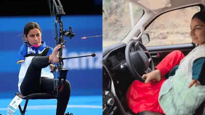 Sheetal Devi confidently driving a car with her feet